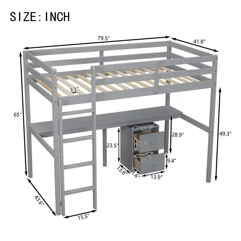 Lit mezzanine double en bois avec bureau intégré, armoire de rangement à 2 tiroirs et garde-corps, gris
