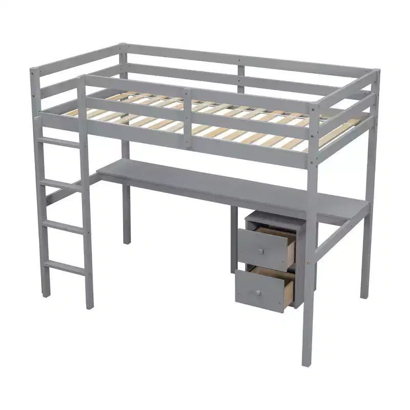 Lit mezzanine double en bois avec bureau intégré, armoire de rangement à 2 tiroirs et garde-corps, gris