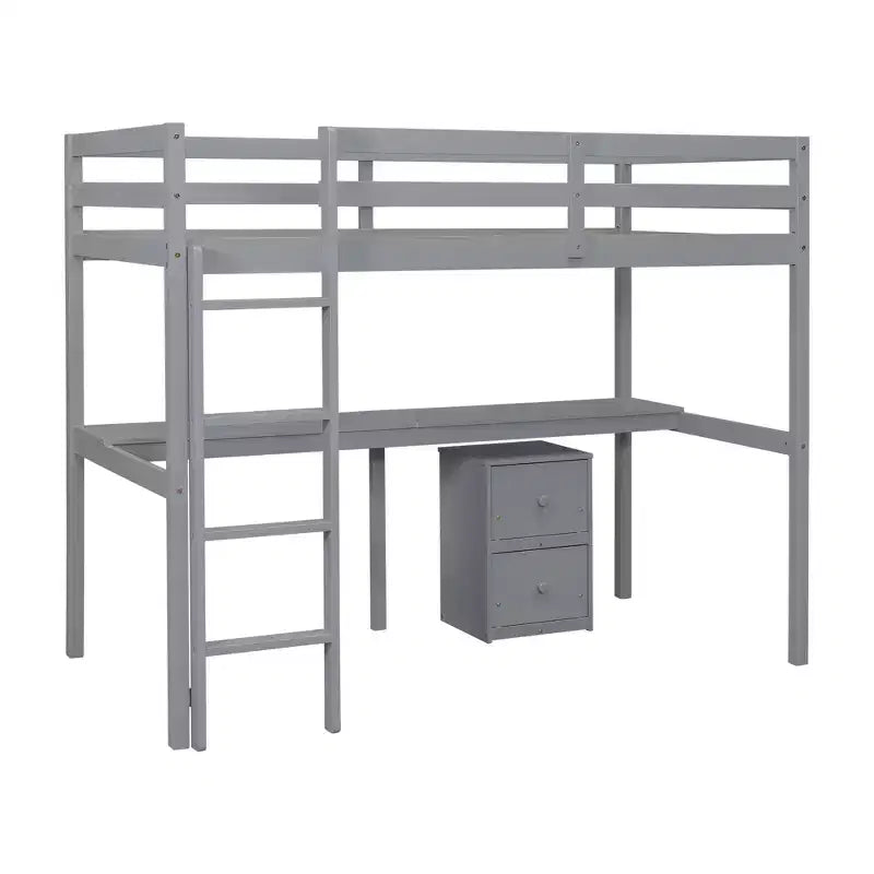 Lit mezzanine double en bois avec bureau intégré, armoire de rangement à 2 tiroirs et garde-corps, gris