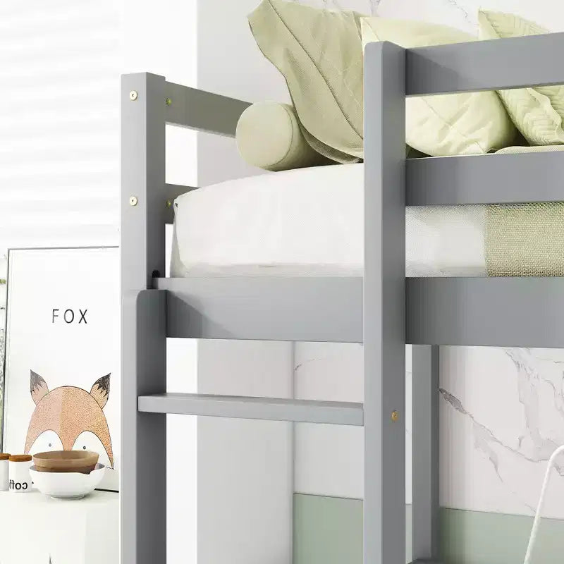 Lit mezzanine double en bois avec bureau intégré, armoire de rangement à 2 tiroirs et garde-corps, gris