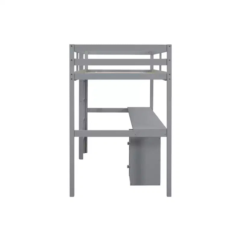 Lit mezzanine double en bois avec bureau intégré, armoire de rangement à 2 tiroirs et garde-corps, gris