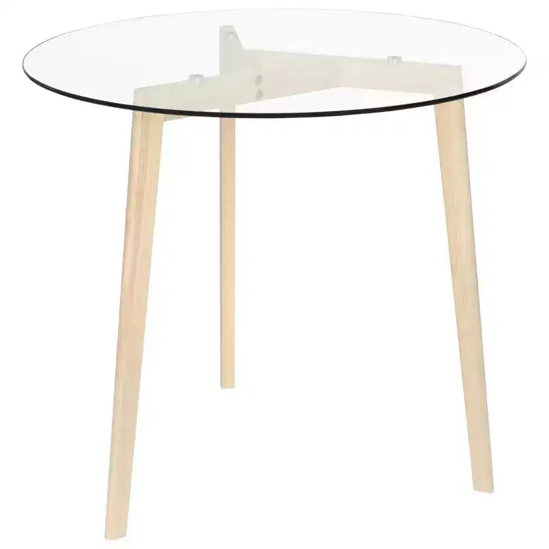 Table à manger ronde élégante avec plateau en verre trempé et pieds en bois de chêne massif, marron transparent, 80 cm de diamètre