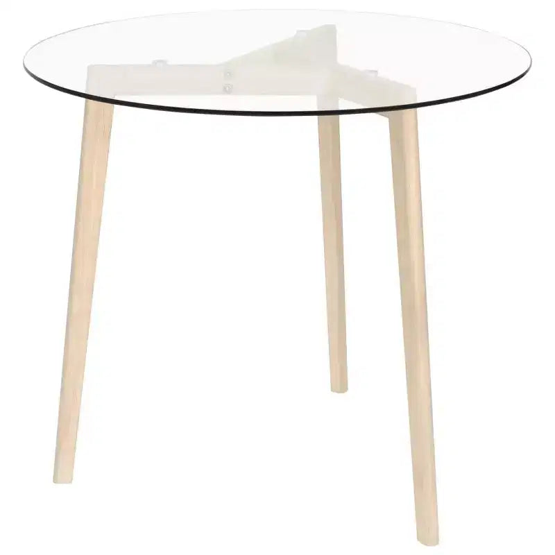Table à manger ronde élégante avec plateau en verre trempé et pieds en bois de chêne massif, marron transparent, 80 cm de diamètre