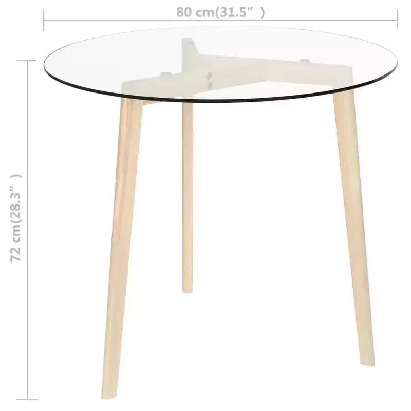 Table à manger ronde élégante avec plateau en verre trempé et pieds en bois de chêne massif, marron transparent, 80 cm de diamètre