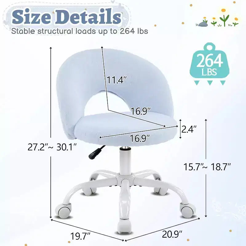 Mini fauteuil de bureau pivotant à 360° avec roulettes, chaise de bureau sans accoudoirs réglable en hauteur, mignonne, pour petits espaces, bleue