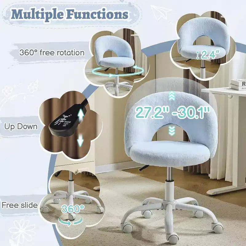 Mini fauteuil de bureau pivotant à 360° avec roulettes, chaise de bureau sans accoudoirs réglable en hauteur, mignonne, pour petits espaces, bleue