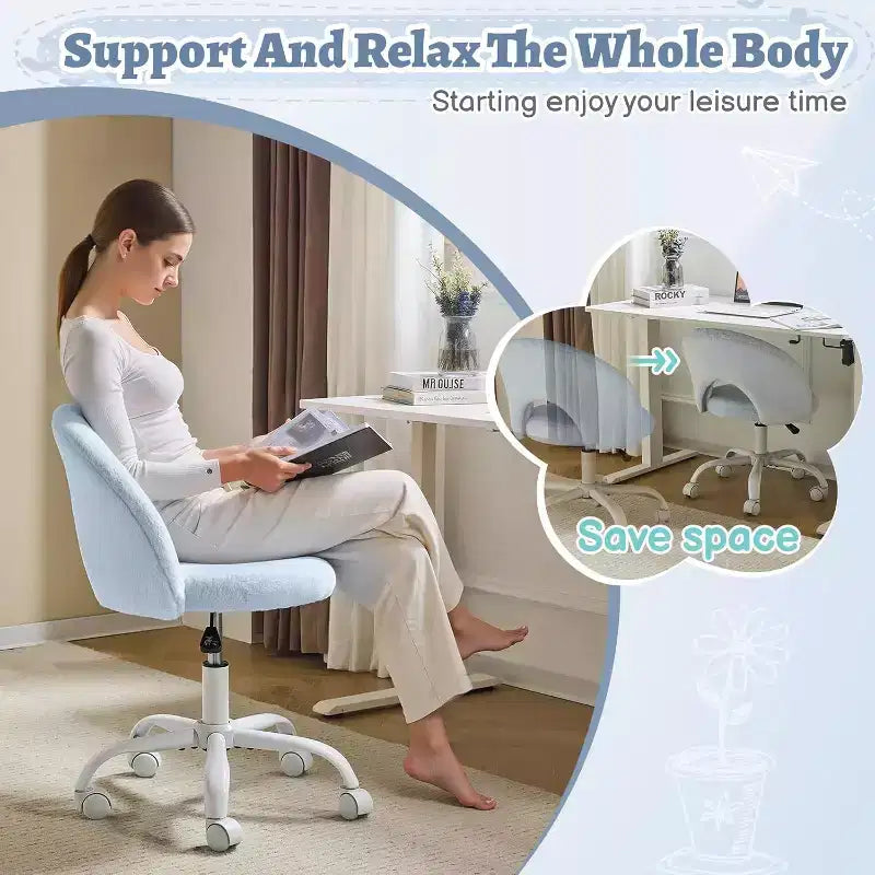 Mini fauteuil de bureau pivotant à 360° avec roulettes, chaise de bureau sans accoudoirs réglable en hauteur, mignonne, pour petits espaces, bleue