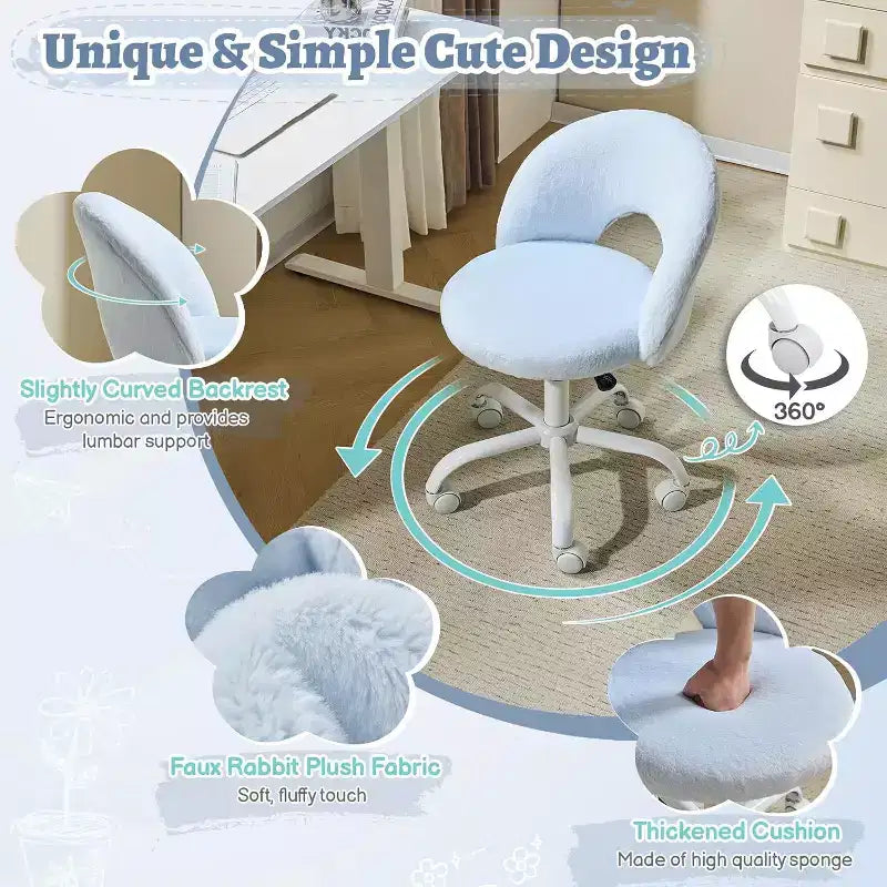 Mini fauteuil de bureau pivotant à 360° avec roulettes, chaise de bureau sans accoudoirs réglable en hauteur, mignonne, pour petits espaces, bleue
