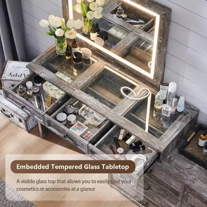 Grande coiffeuse de 175 cm de large avec plateau en verre, table de maquillage de style rustique avec 9 grands tiroirs de rangement, éclairage 3 couleurs et miroir LED HD de 76 cm