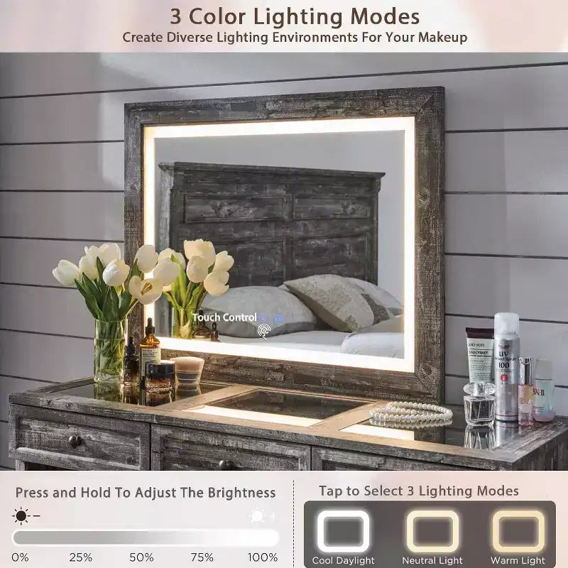 Grande coiffeuse de 175 cm de large avec plateau en verre, table de maquillage de style rustique avec 9 grands tiroirs de rangement, éclairage 3 couleurs et miroir LED HD de 76 cm