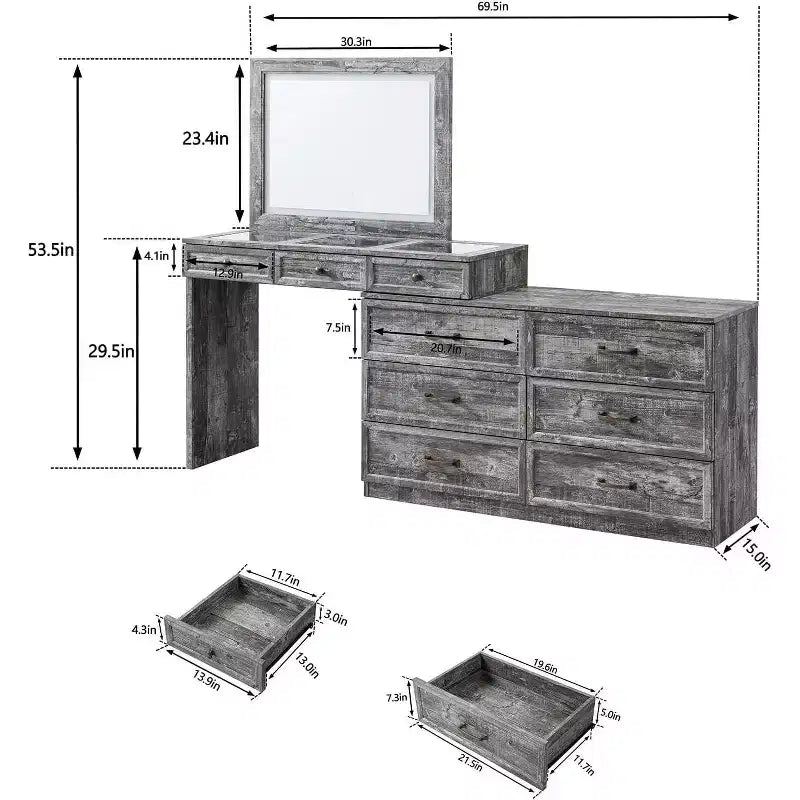 Grande coiffeuse de 175 cm de large avec plateau en verre, table de maquillage de style rustique avec 9 grands tiroirs de rangement, éclairage 3 couleurs et miroir LED HD de 76 cm
