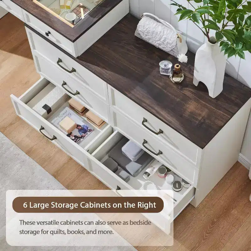 Grande coiffeuse de 175 cm de large avec plateau en verre, table de maquillage de style rustique avec 9 grands tiroirs de rangement, éclairage 3 couleurs et miroir LED HD de 76 cm