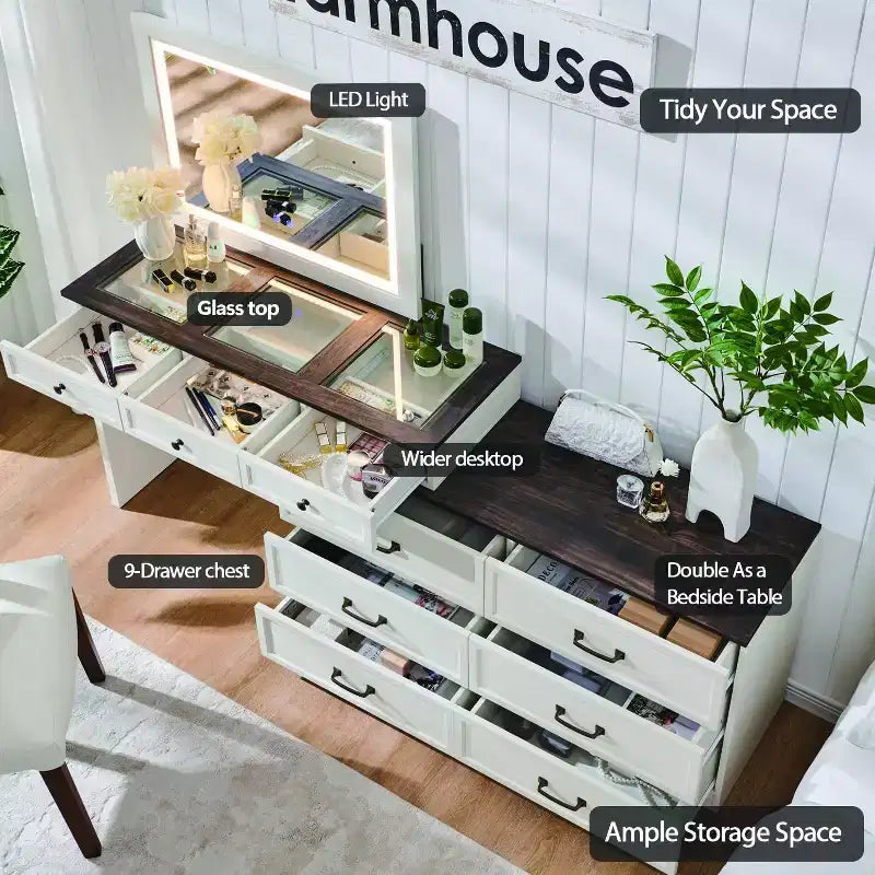 Grande coiffeuse de 175 cm de large avec plateau en verre, table de maquillage de style rustique avec 9 grands tiroirs de rangement, éclairage 3 couleurs et miroir LED HD de 76 cm
