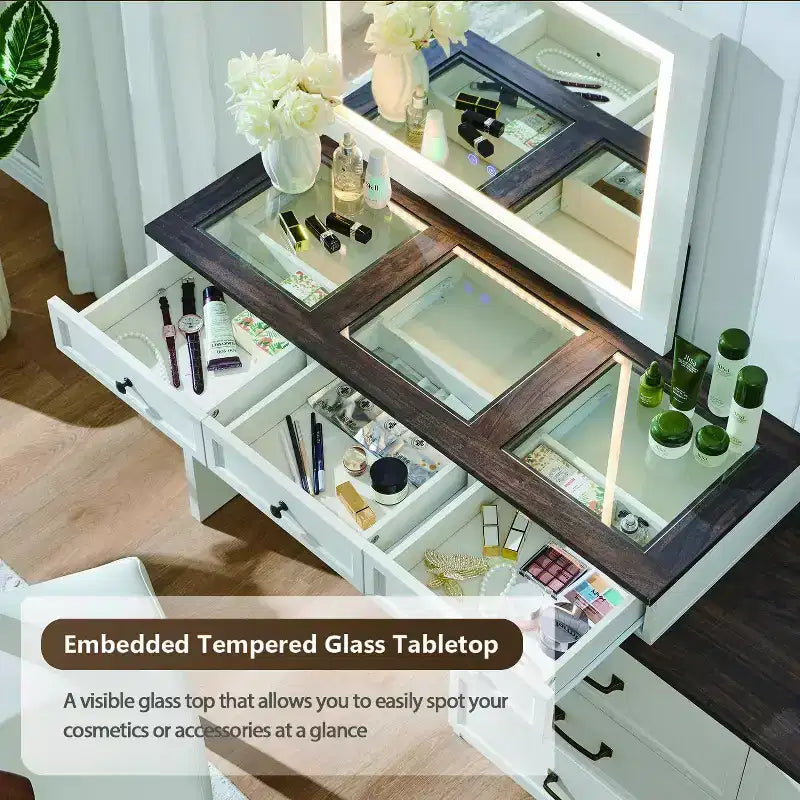 Grande coiffeuse de 175 cm de large avec plateau en verre, table de maquillage de style rustique avec 9 grands tiroirs de rangement, éclairage 3 couleurs et miroir LED HD de 76 cm