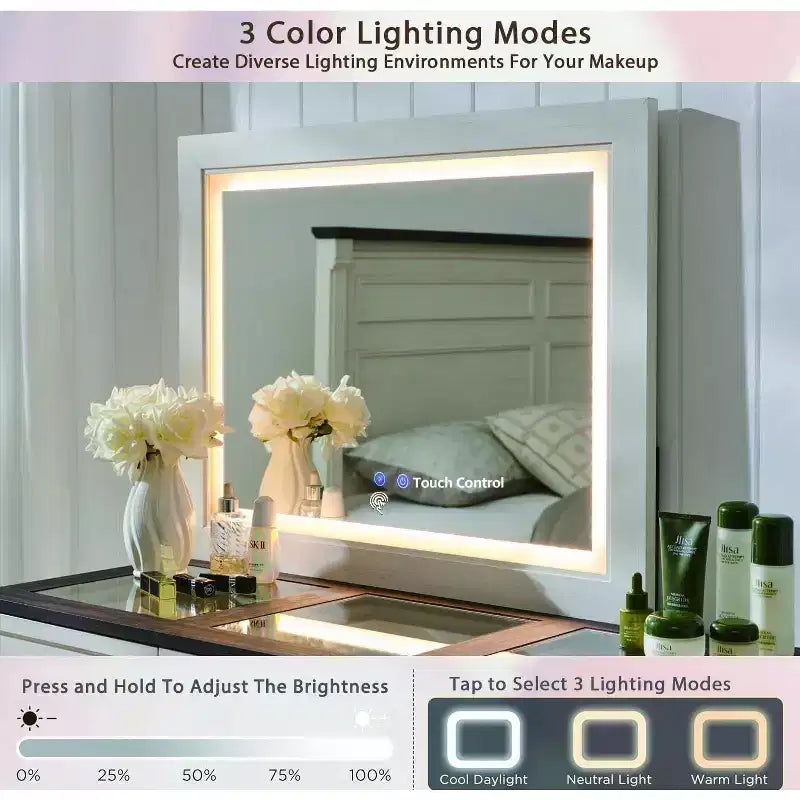 Grande coiffeuse de 175 cm de large avec plateau en verre, table de maquillage de style rustique avec 9 grands tiroirs de rangement, éclairage 3 couleurs et miroir LED HD de 76 cm