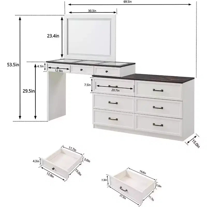 Grande coiffeuse de 175 cm de large avec plateau en verre, table de maquillage de style rustique avec 9 grands tiroirs de rangement, éclairage 3 couleurs et miroir LED HD de 76 cm