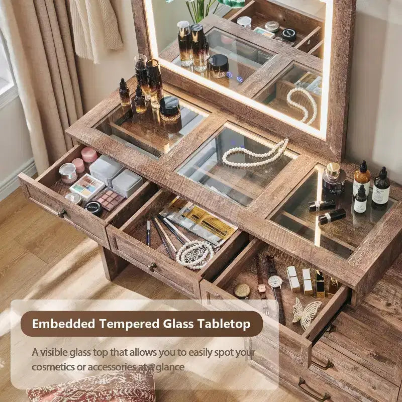 Grande coiffeuse de 175 cm de large avec plateau en verre, table de maquillage de style rustique avec 9 grands tiroirs de rangement, éclairage 3 couleurs et miroir LED HD de 76 cm