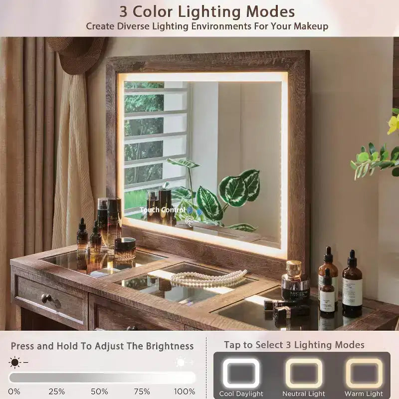 Grande coiffeuse de 175 cm de large avec plateau en verre, table de maquillage de style rustique avec 9 grands tiroirs de rangement, éclairage 3 couleurs et miroir LED HD de 76 cm
