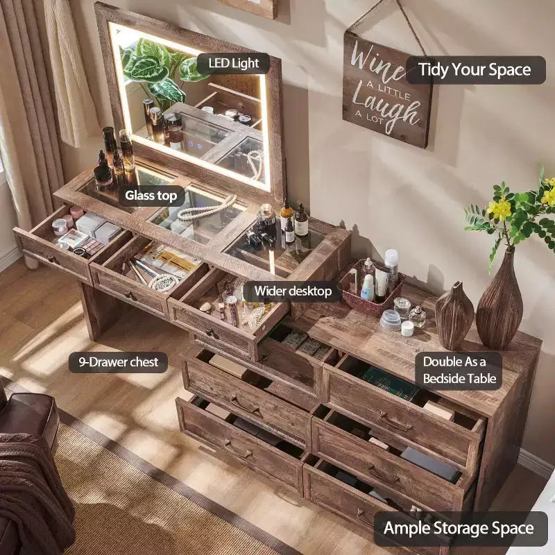 Grande coiffeuse de 175 cm de large avec plateau en verre, table de maquillage de style rustique avec 9 grands tiroirs de rangement, éclairage 3 couleurs et miroir LED HD de 76 cm
