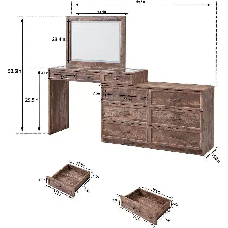 Grande coiffeuse de 175 cm de large avec plateau en verre, table de maquillage de style rustique avec 9 grands tiroirs de rangement, éclairage 3 couleurs et miroir LED HD de 76 cm