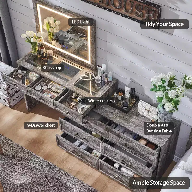 Grande coiffeuse de 175 cm de large avec plateau en verre, table de maquillage de style rustique avec 9 grands tiroirs de rangement, éclairage 3 couleurs et miroir LED HD de 76 cm