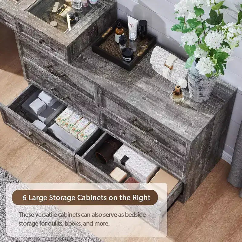 Grande coiffeuse de 175 cm de large avec plateau en verre, table de maquillage de style rustique avec 9 grands tiroirs de rangement, éclairage 3 couleurs et miroir LED HD de 76 cm