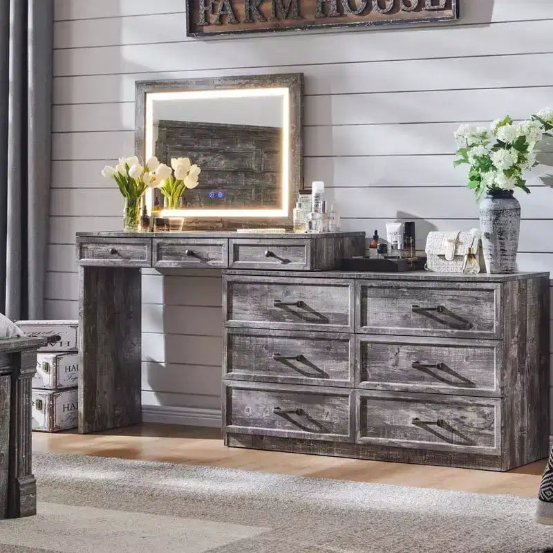 Grande coiffeuse de 175 cm de large avec plateau en verre, table de maquillage de style rustique avec 9 grands tiroirs de rangement, éclairage 3 couleurs et miroir LED HD de 76 cm