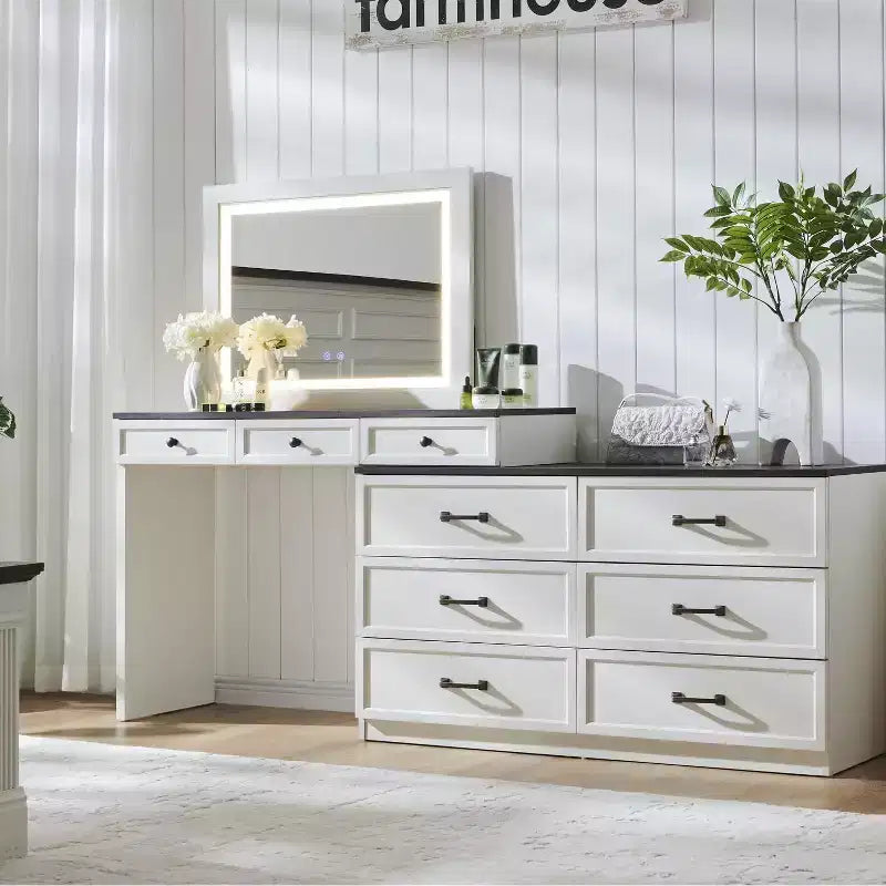 Grande coiffeuse de 175 cm de large avec plateau en verre, table de maquillage de style rustique avec 9 grands tiroirs de rangement, éclairage 3 couleurs et miroir LED HD de 76 cm