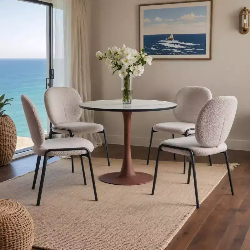 Table à manger ronde avec plateau en MDF et piètement en acier couleur cerisier, table d'appoint moderne pour cuisine, salle à manger et petits espaces