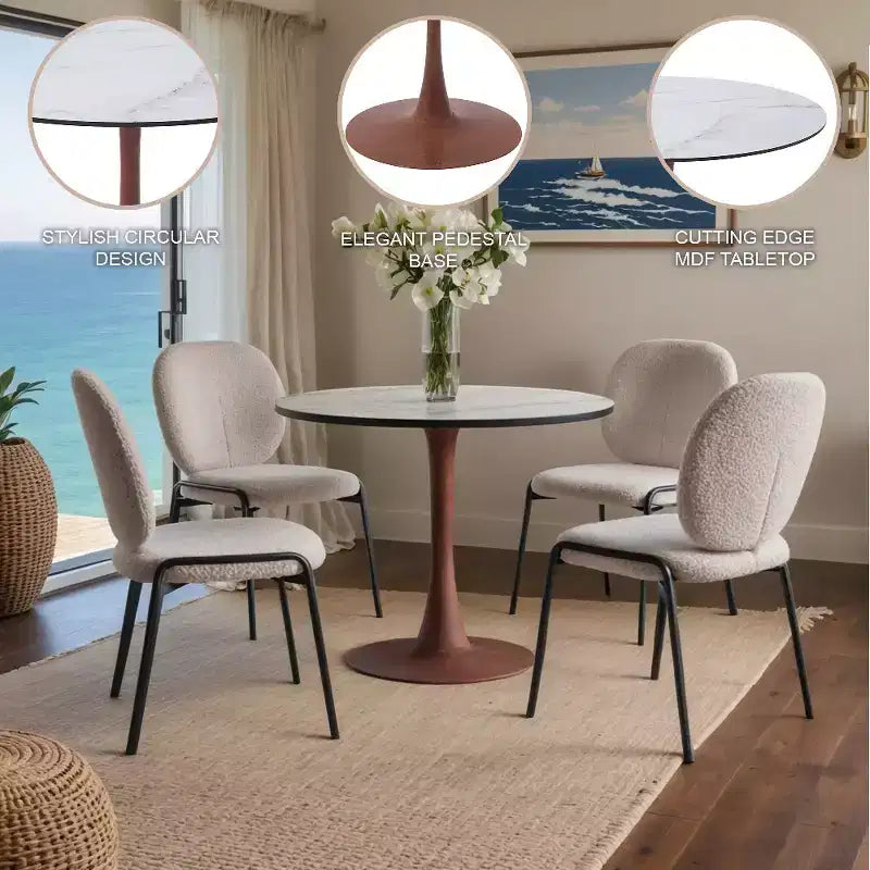 Table à manger ronde avec plateau en MDF et piètement en acier couleur cerisier, table d'appoint moderne pour cuisine, salle à manger et petits espaces