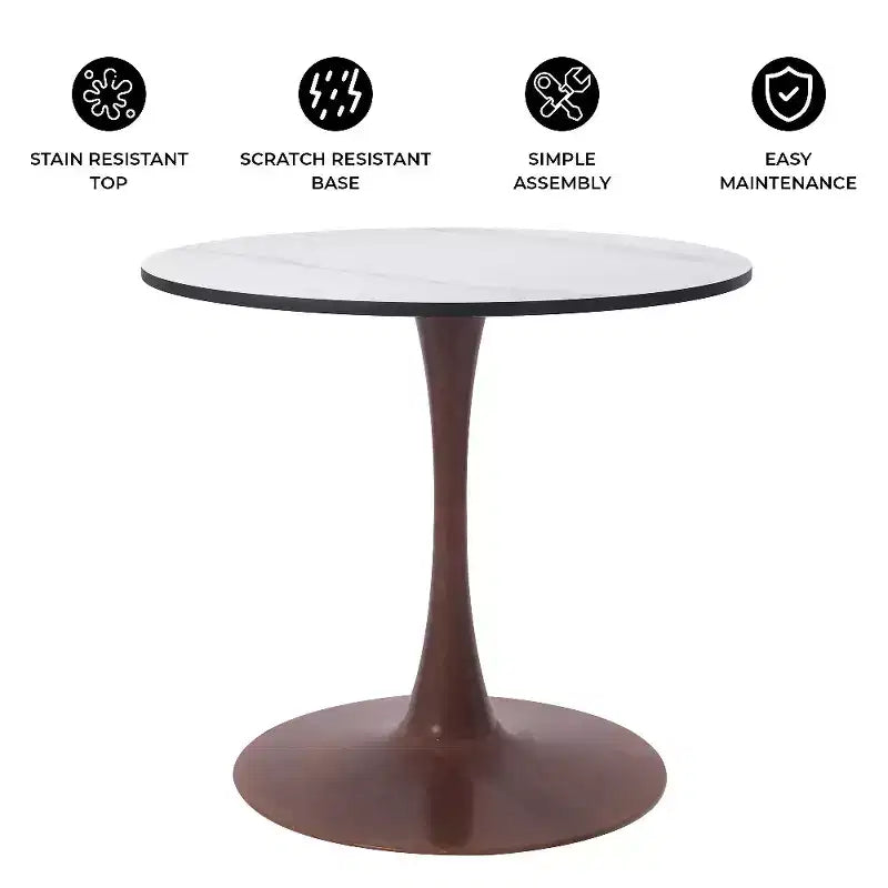 Table à manger ronde avec plateau en MDF et piètement en acier couleur cerisier, table d'appoint moderne pour cuisine, salle à manger et petits espaces
