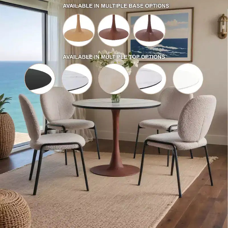 Table à manger ronde avec plateau en MDF et piètement en acier couleur cerisier, table d'appoint moderne pour cuisine, salle à manger et petits espaces