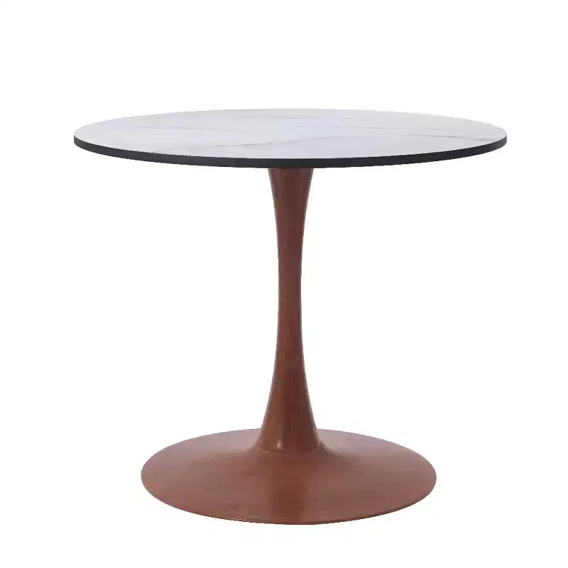 Table à manger ronde avec plateau en MDF et piètement en acier couleur cerisier, table d'appoint moderne pour cuisine, salle à manger et petits espaces