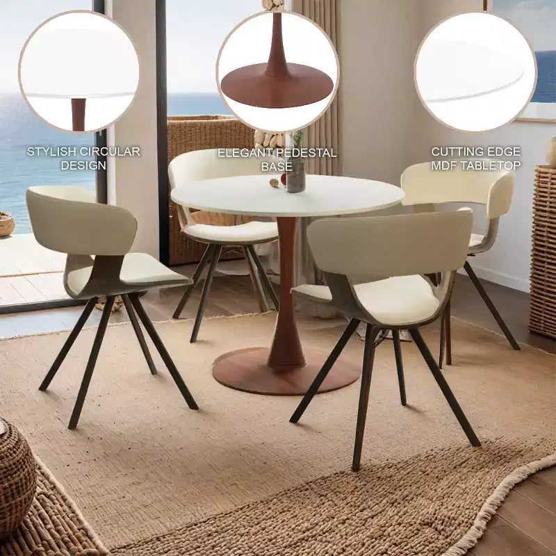Table à manger ronde avec plateau en MDF et piètement en acier couleur cerisier, table d'appoint moderne pour cuisine, salle à manger et petits espaces