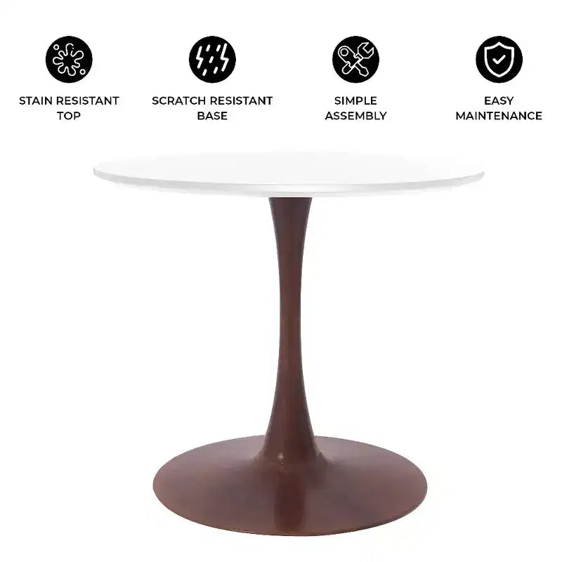 Table à manger ronde avec plateau en MDF et piètement en acier couleur cerisier, table d'appoint moderne pour cuisine, salle à manger et petits espaces