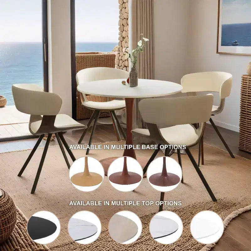 Table à manger ronde avec plateau en MDF et piètement en acier couleur cerisier, table d'appoint moderne pour cuisine, salle à manger et petits espaces