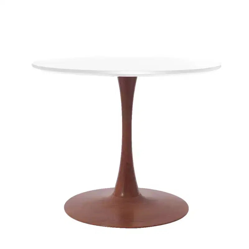 Table à manger ronde avec plateau en MDF et piètement en acier couleur cerisier, table d'appoint moderne pour cuisine, salle à manger et petits espaces