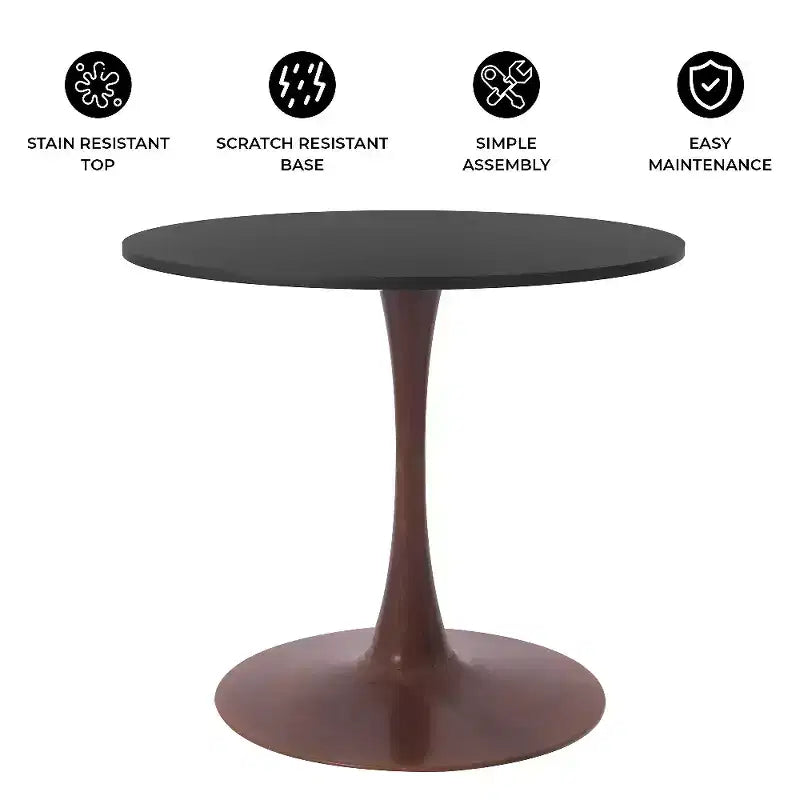 Table à manger ronde avec plateau en MDF et piètement en acier couleur cerisier, table d'appoint moderne pour cuisine, salle à manger et petits espaces