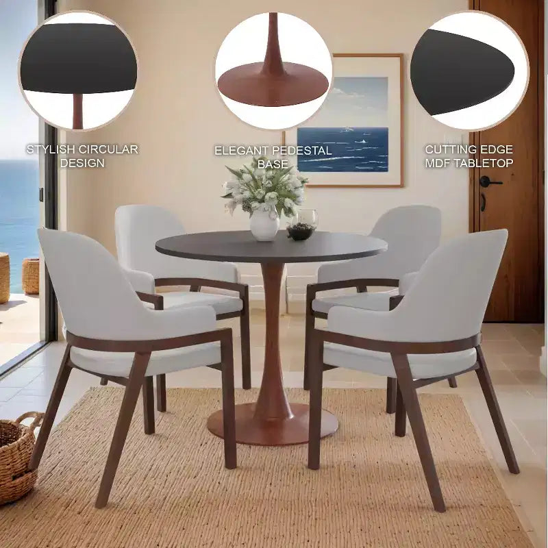 Table à manger ronde avec plateau en MDF et piètement en acier couleur cerisier, table d'appoint moderne pour cuisine, salle à manger et petits espaces