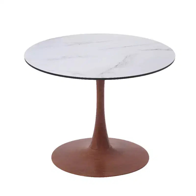 Table à manger ronde avec plateau en MDF et piètement en acier couleur cerisier, table d'appoint moderne pour cuisine, salle à manger et petits espaces