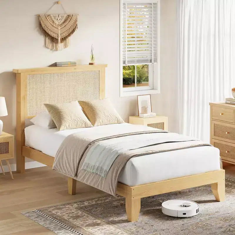 Cadre de lit en rotin bohème  Tête de lit en rotin naturel, lumières LED, lattes en bois robustes et silencieuses, sans bruit, sommier tapissier non requis  Meubles de chambre à coucher