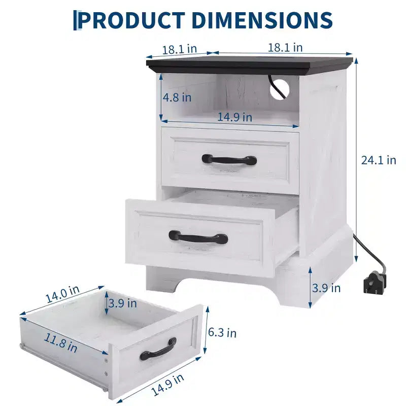 Table de chevet rustique de ferme 2 tiroirs, table de chevet moderne en bois, ports USB et prises CA, MDF durable, poignées en métal, blanc
