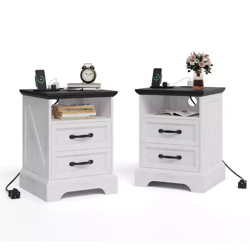 Table de chevet rustique de ferme 2 tiroirs, table de chevet moderne en bois, ports USB et prises CA, MDF durable, poignées en métal, blanc