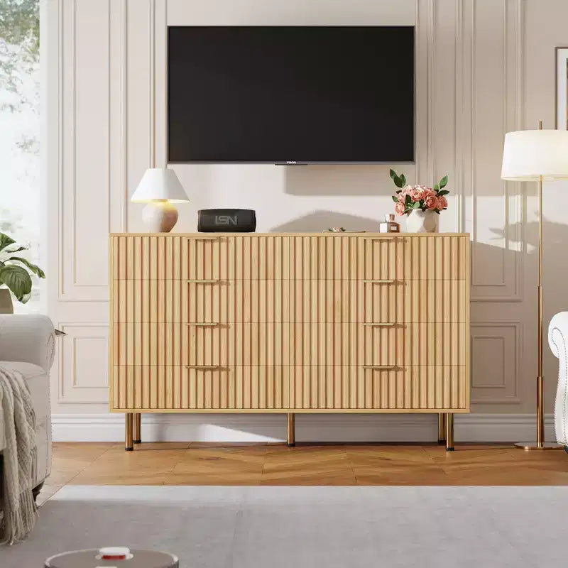Commode cannelée à 8 tiroirs – Double commode de 137 cm de large avec tiroirs profonds, meuble de rangement en bois et support TV