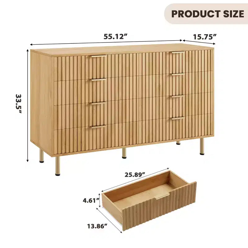 Commode cannelée à 8 tiroirs – Double commode de 137 cm de large avec tiroirs profonds, meuble de rangement en bois et support TV