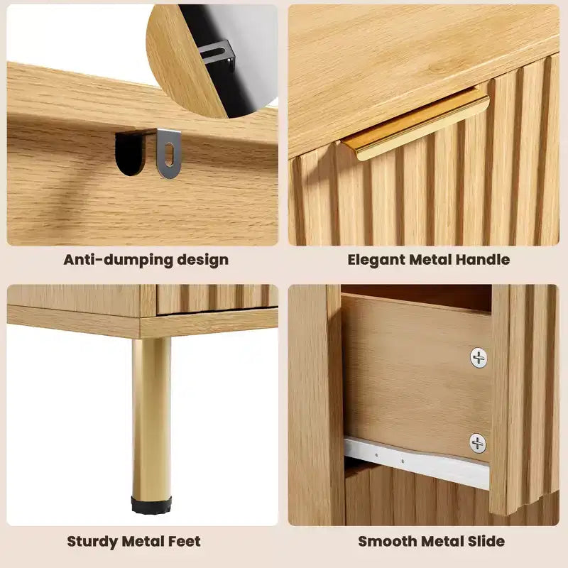 Commode cannelée à 8 tiroirs – Double commode de 137 cm de large avec tiroirs profonds, meuble de rangement en bois et support TV