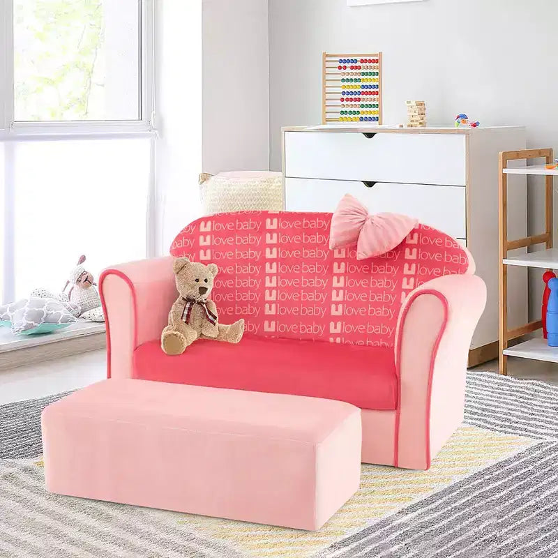 Canapé double pour enfants en velours avec pouf et accoudoirs Rose
