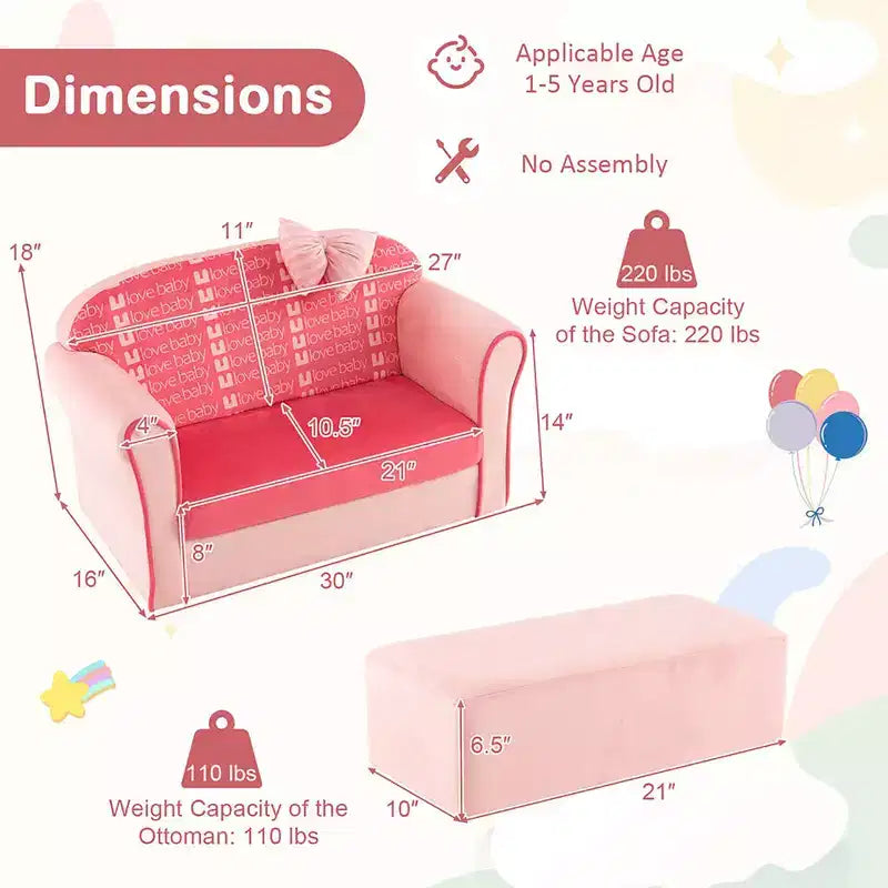 Canapé double pour enfants en velours avec pouf et accoudoirs Rose