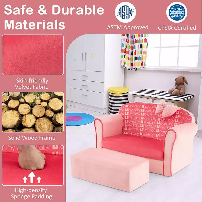 Canapé double pour enfants en velours avec pouf et accoudoirs Rose