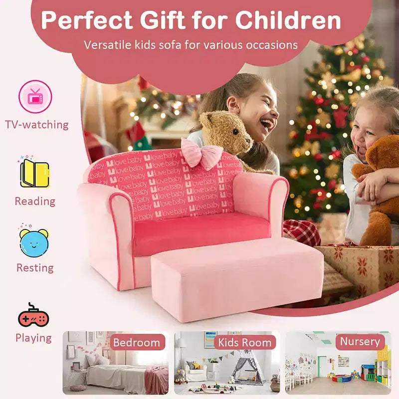 Canapé double pour enfants en velours avec pouf et accoudoirs Rose